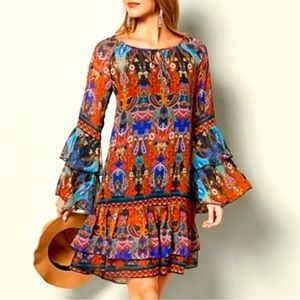Boho Venus Dress Medium Orange and Blue Hippie 60’s country dress
